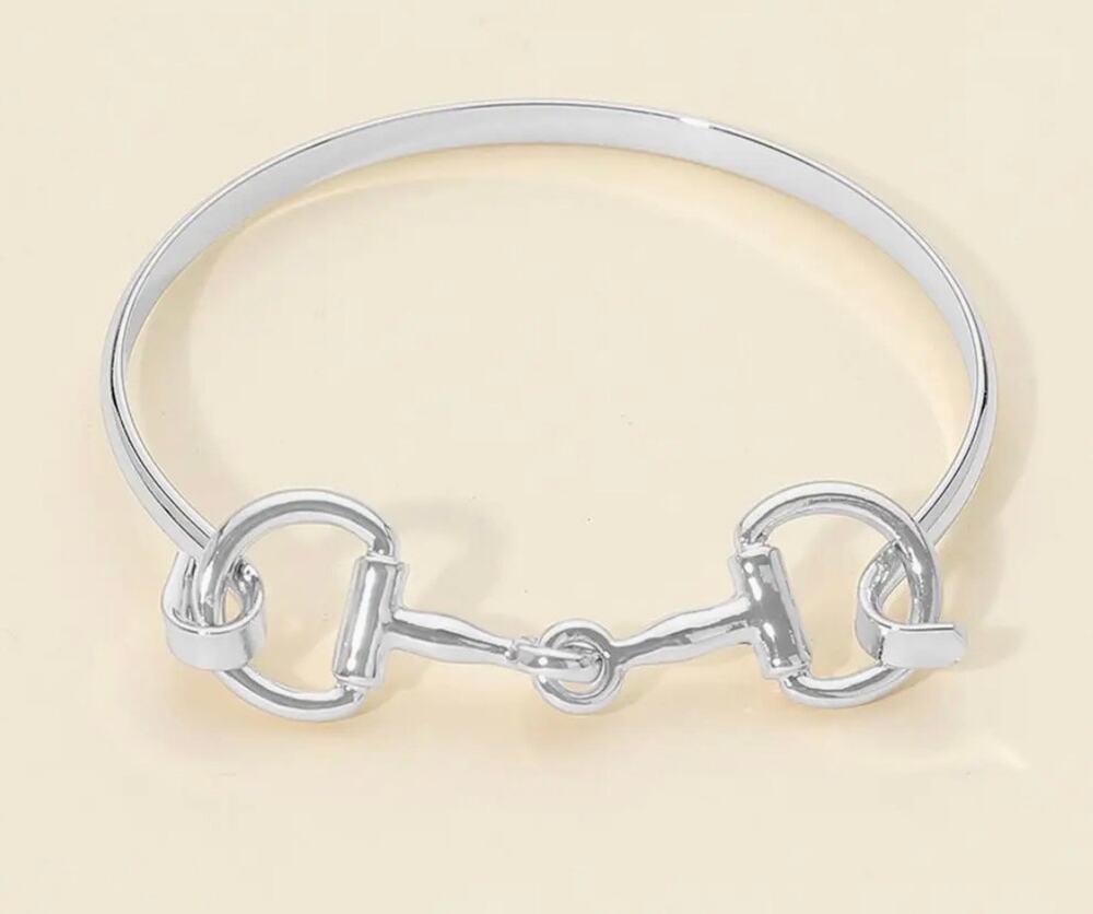Gold Plated Metal Horsebit Accent Hook Bangle Bracelet